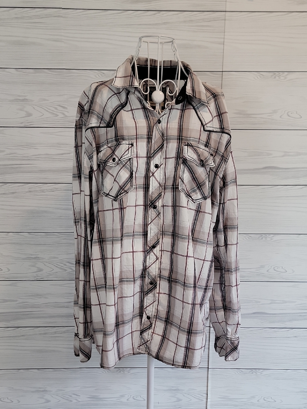 BKE Men's 100% Cotton Plaid Button-Up Shirt - Cream, Black & Burgundy Size XL